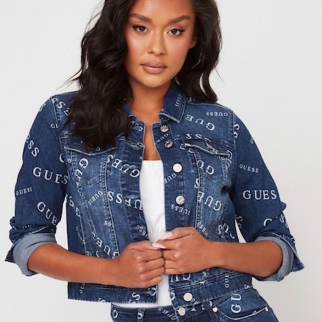 Guess Logo Allover Print Cropped Blue Cotton Denim Jean Jacket
